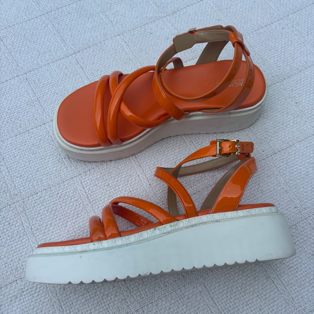 Women's 8 MICHAEL KORS Orange White Jelly Patent Strappy Platform Chunky Sandals